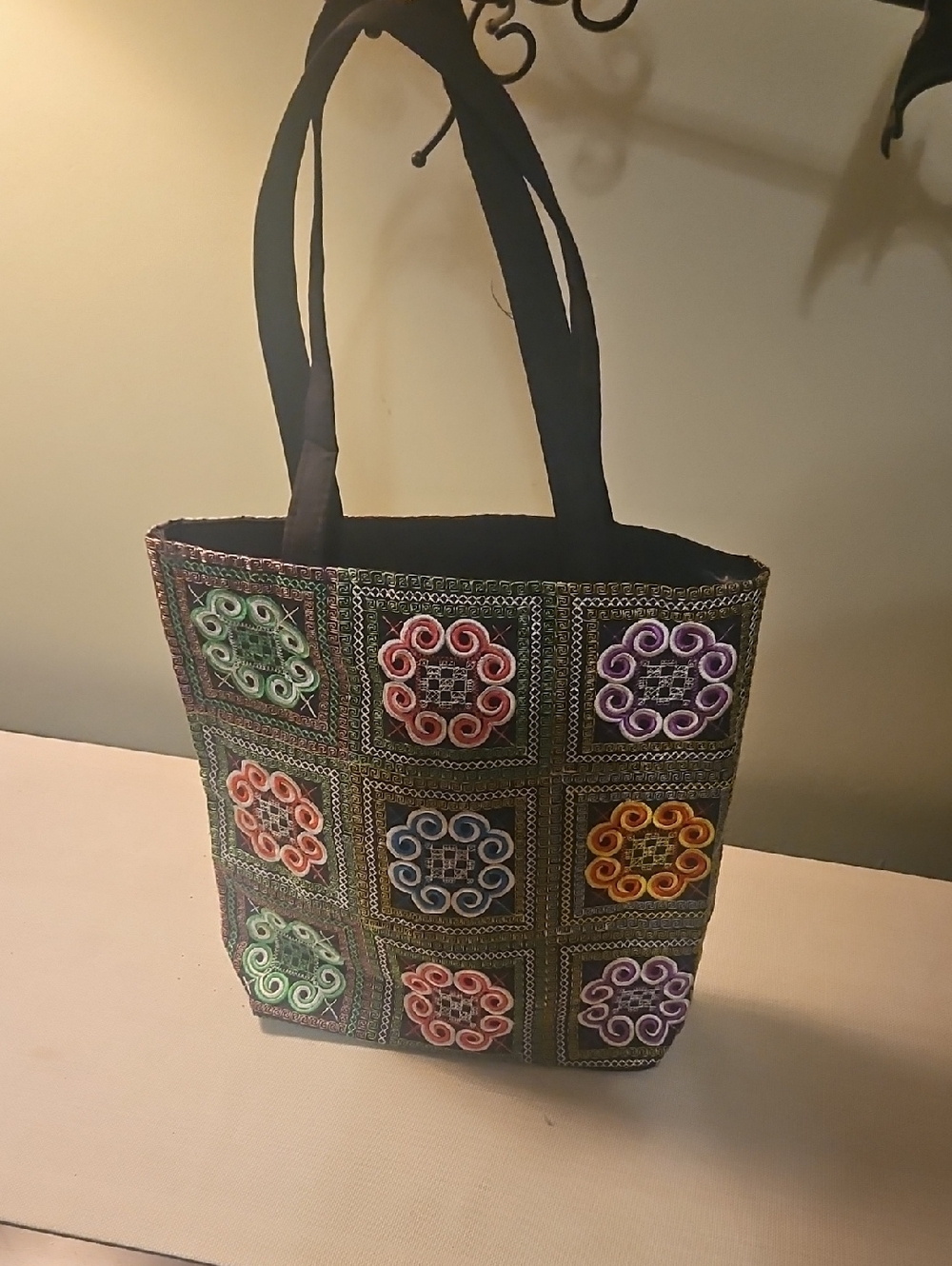 Embroidered Multicolor Tote Bag From Thailand - Black